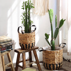 Two-Tone Basket Planter with Leather Handles