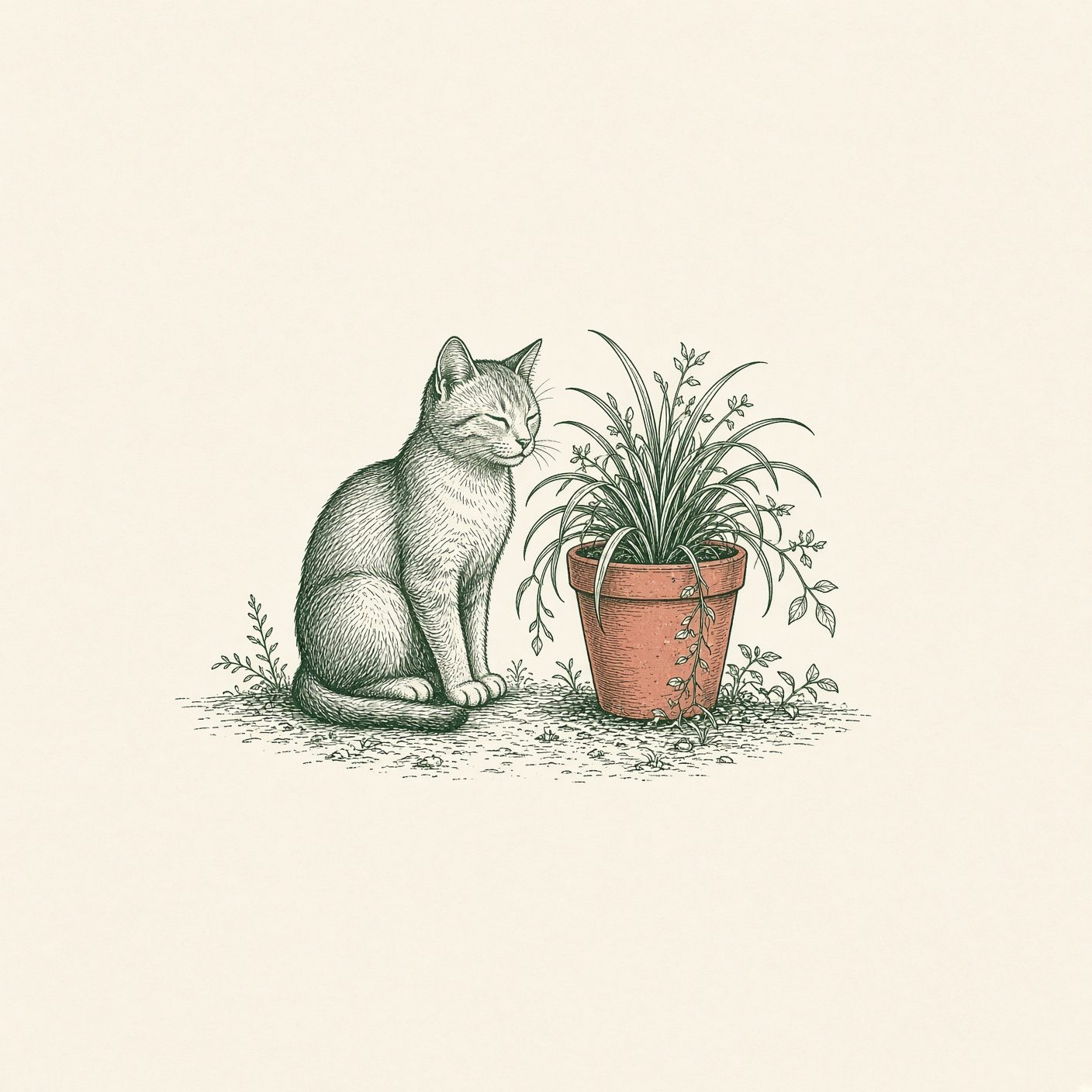 Botanical line drawing of cat and dog beside non-toxic indoor houseplants