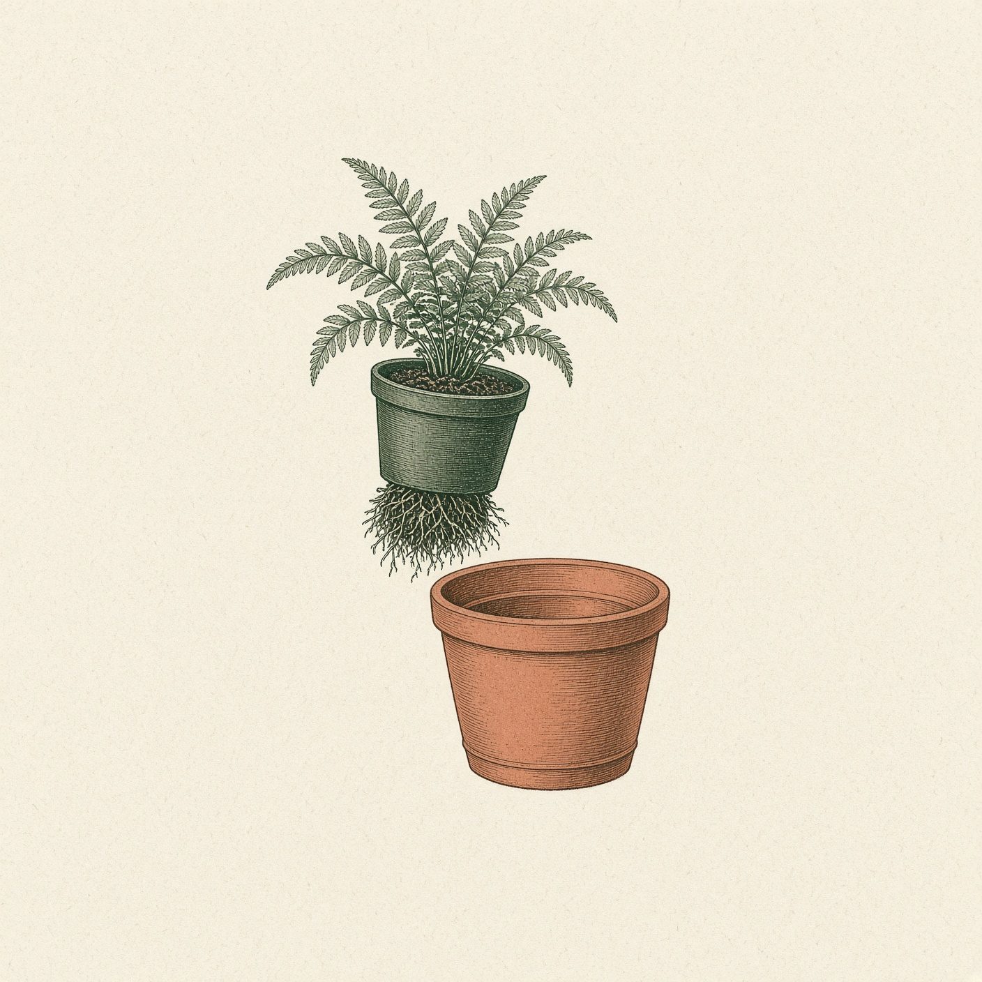 Botanical line drawing of rootball container transplanting and terracotta pot sizing