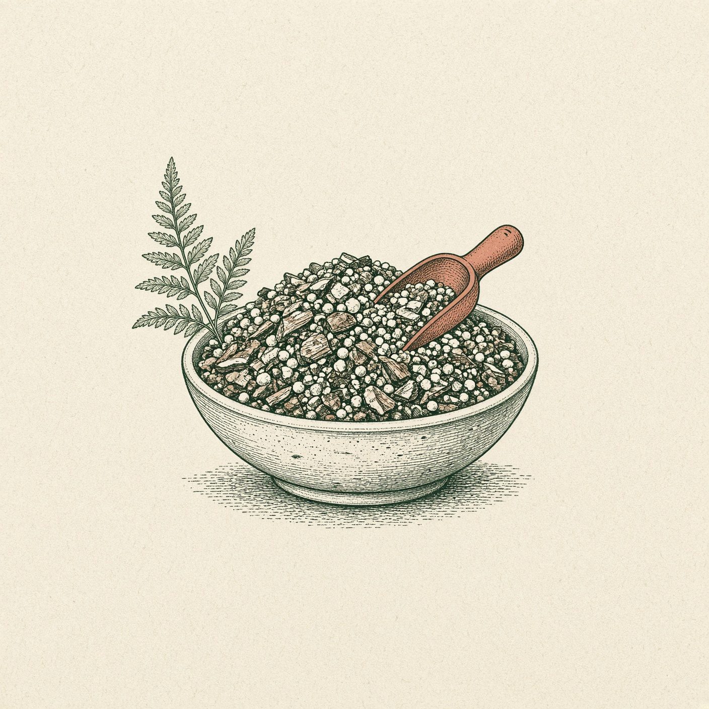 Botanical line drawing of potting substrate amendments, bark chips, and soil scoop