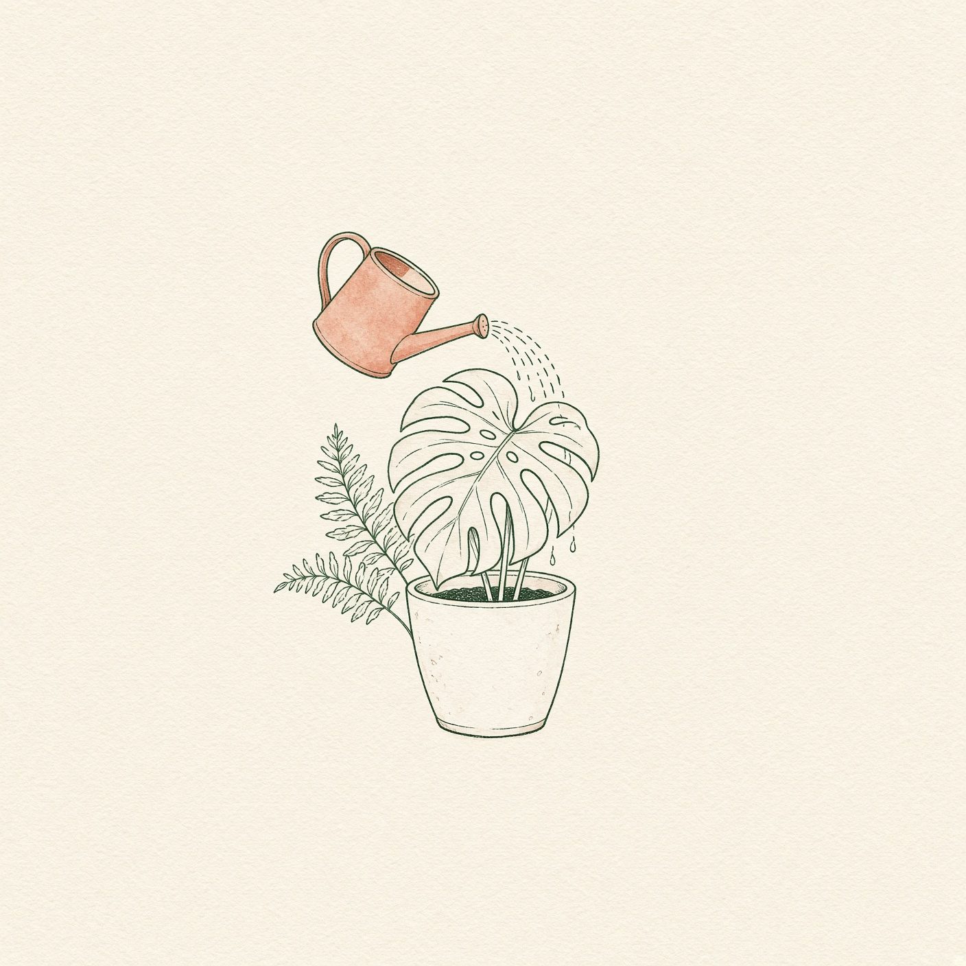 Botanical line drawing of watering can and hydration measuring cup