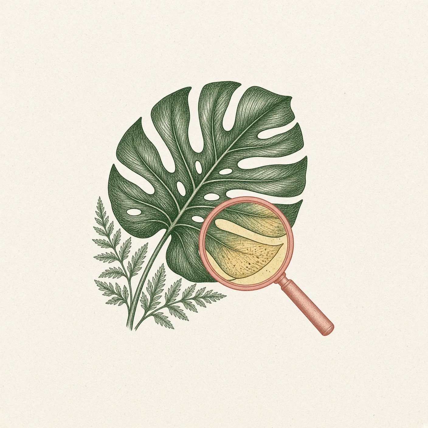 Botanical line drawing of plant leaf symptom triage and botanical magnifying glass